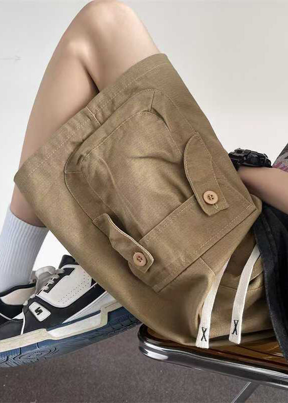 Drawstring Khaki Shorts Summer Men Cotton Button Pockets Loose