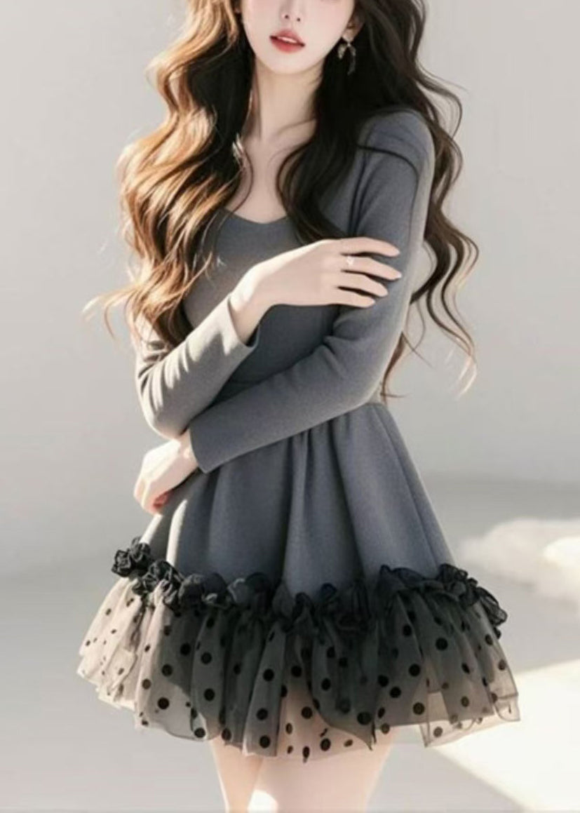 Khaki Ruffled Spring Dress Dot Tulle Mid Loose Patchwork