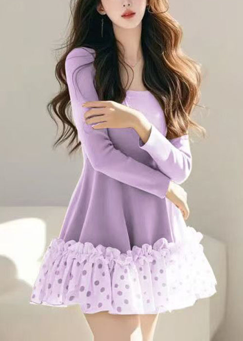 Khaki Ruffled Spring Dress Dot Tulle Mid Loose Patchwork
