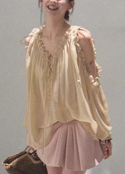 Khaki Loose Up Ruffled Chiffon Lace Shirts Fall