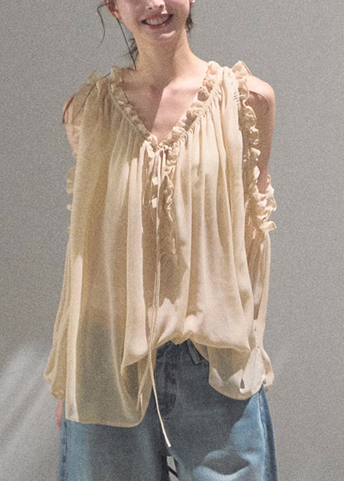 Khaki Loose Up Ruffled Chiffon Lace Shirts Fall