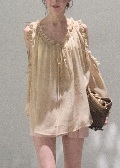 Khaki Loose Up Ruffled Chiffon Lace Shirts Fall