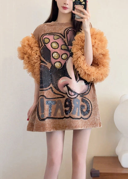 Dresses Shirts Ruffled Patchwork Summer Loose Tulle T Khaki