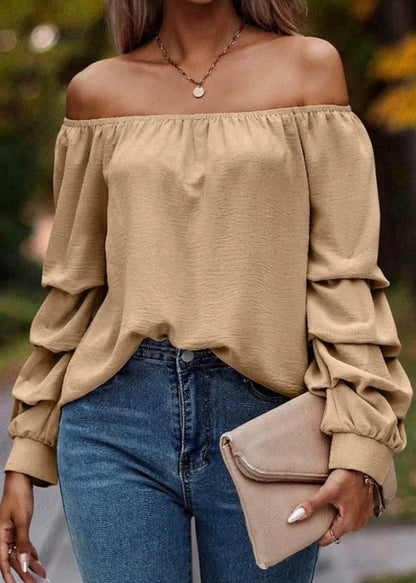 Shirts Neck Slash Loose Solid Khaki Spring Tops