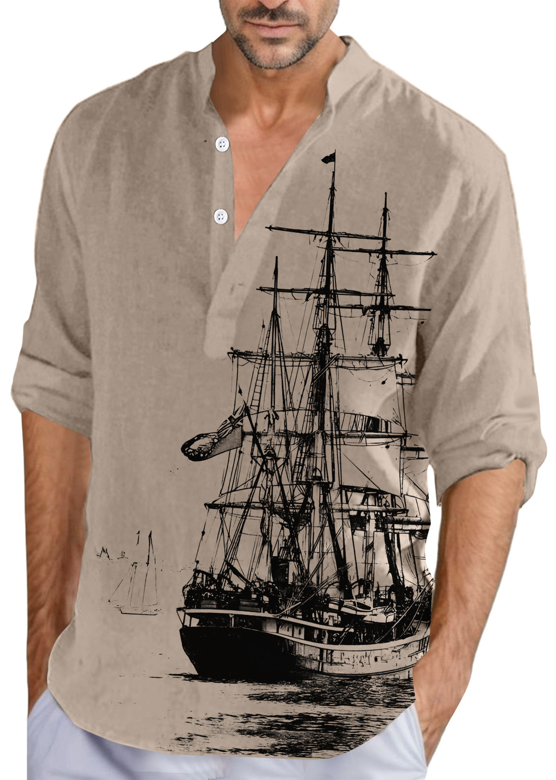 Button Collar Fall Print Loose Shirts Cotton Men Stand Khaki