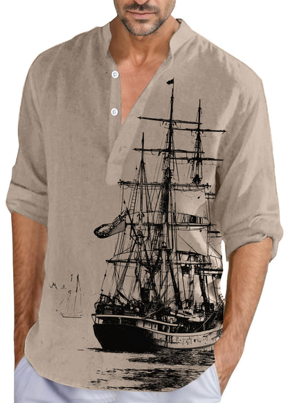 Button Collar Fall Print Loose Shirts Cotton Men Stand Khaki