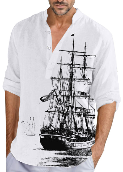 Button Collar Fall Print Loose Shirts Cotton Men Stand Khaki