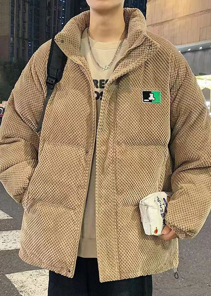 Loose Khaki Stand Collar Zip Up Pockets Men Parka Winter RM010