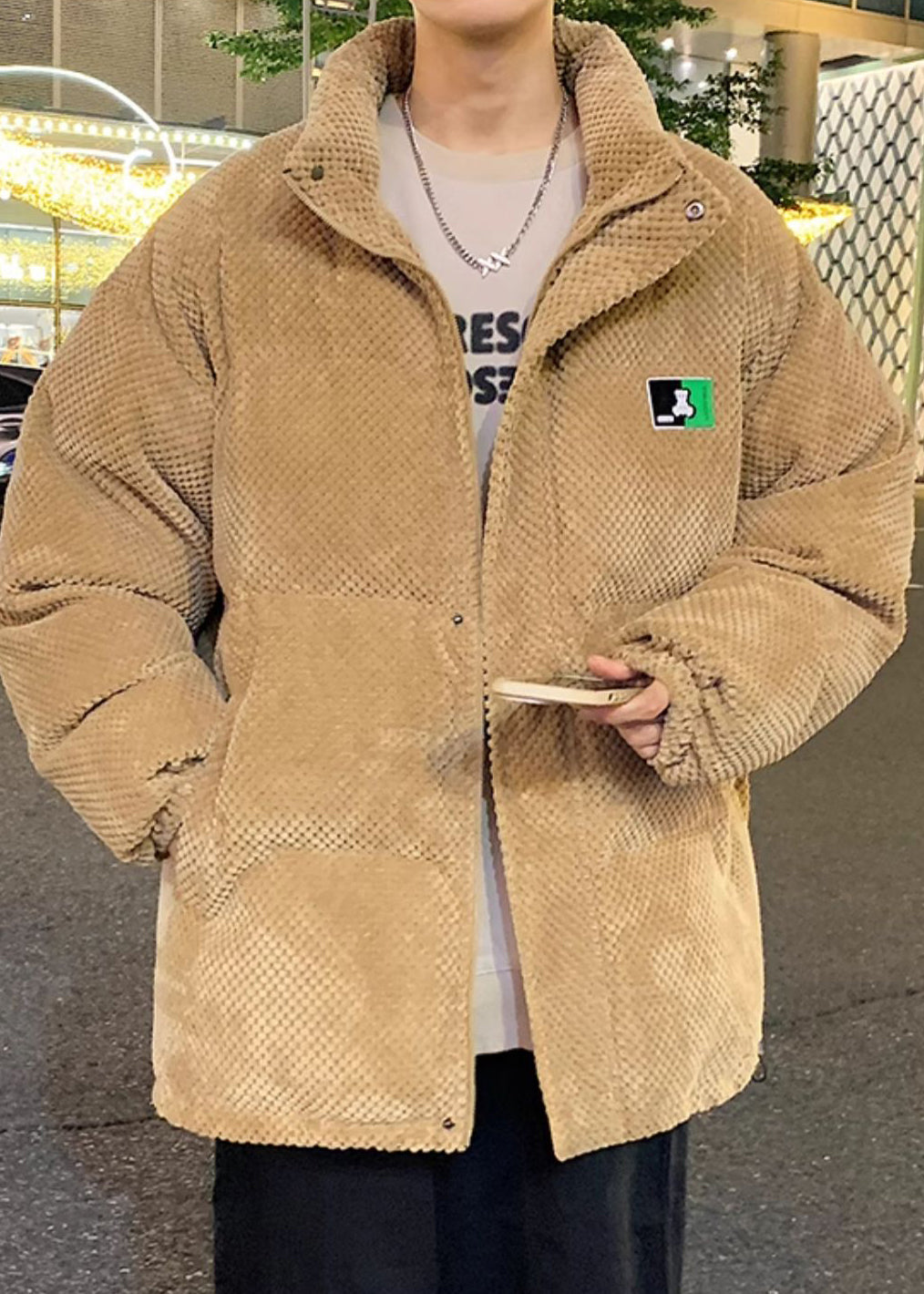 Loose Khaki Stand Collar Zip Up Pockets Men Parka Winter RM010