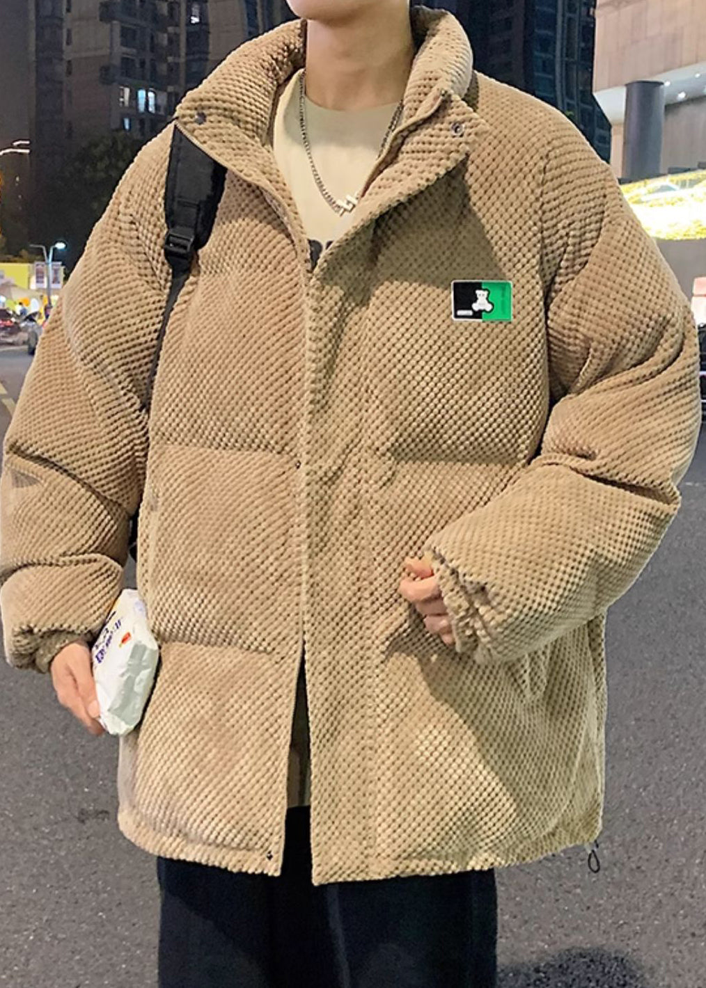 Loose Khaki Stand Collar Zip Up Pockets Men Parka Winter RM010