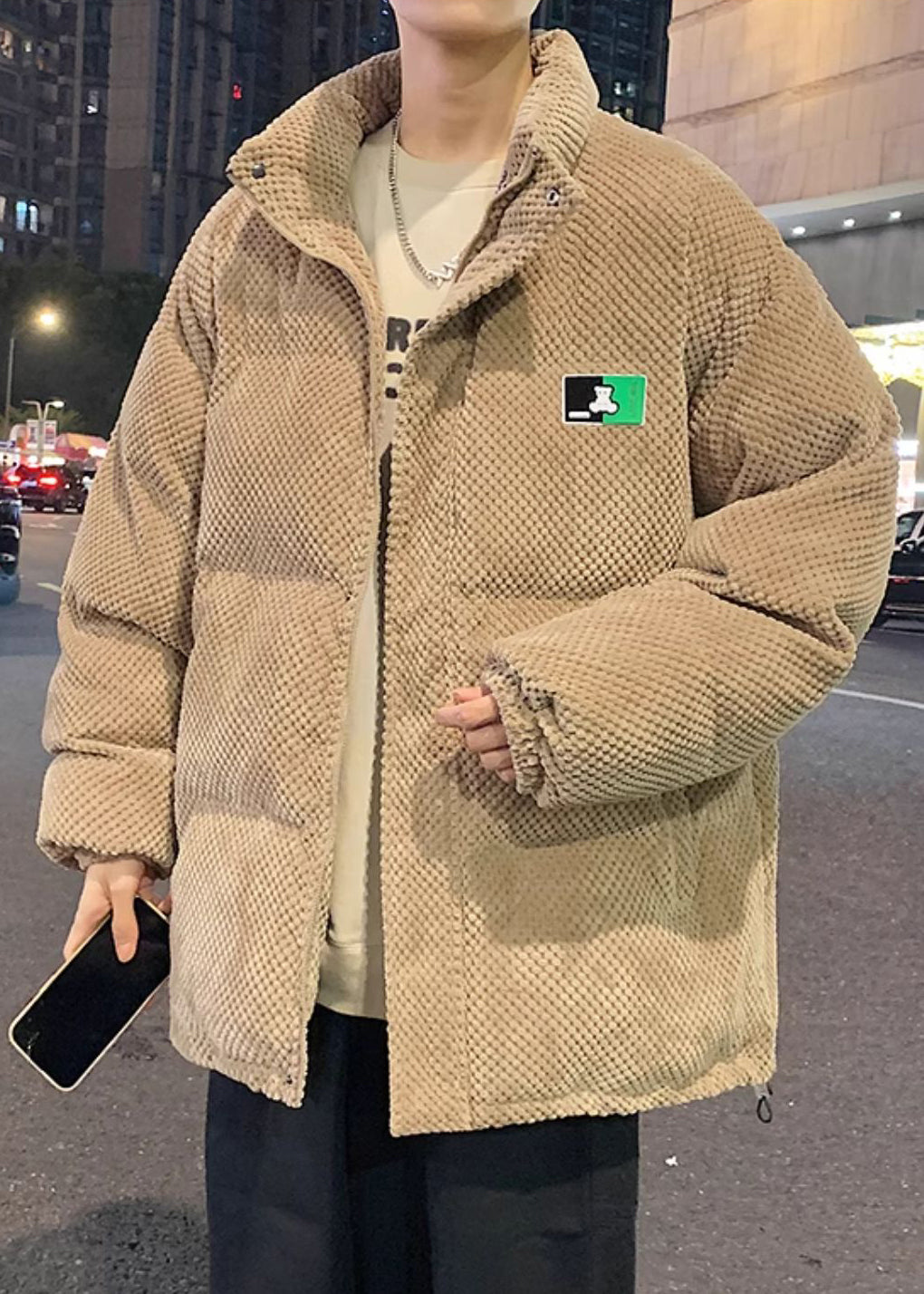 Loose Khaki Stand Collar Zip Up Pockets Men Parka Winter RM010