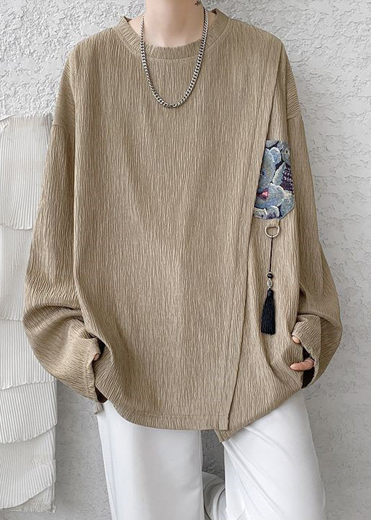 Khaki Shirts Cotton Men Tasseled T Loose Solid Spring