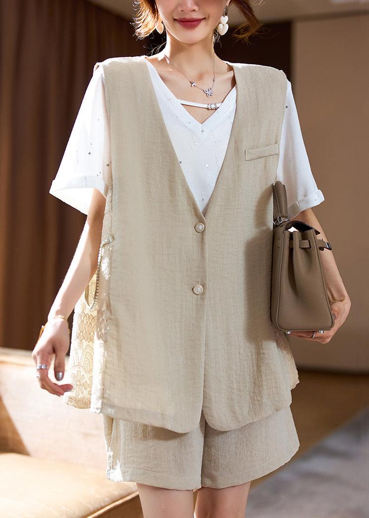 Loose Khaki V Neck Button Cotton Two Pieces Set Summer AC1004