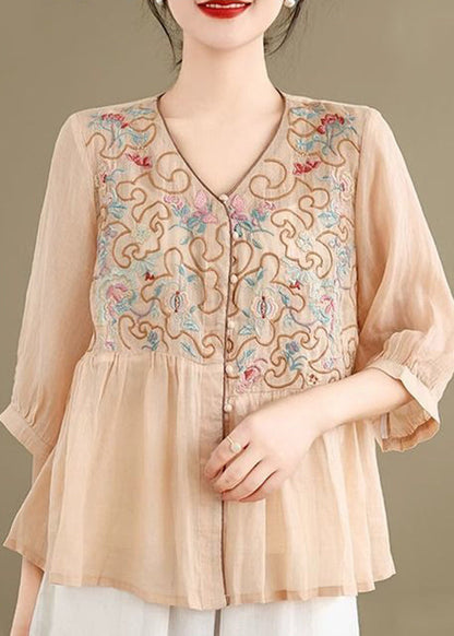 Linen Shirt Loose Khaki V Neck Fall Embroidered