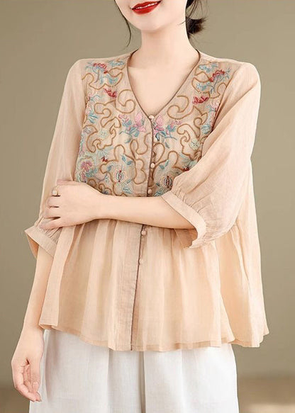 Linen Shirt Loose Khaki V Neck Fall Embroidered