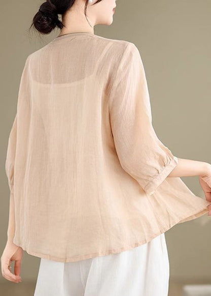 Linen Shirt Loose Khaki V Neck Fall Embroidered