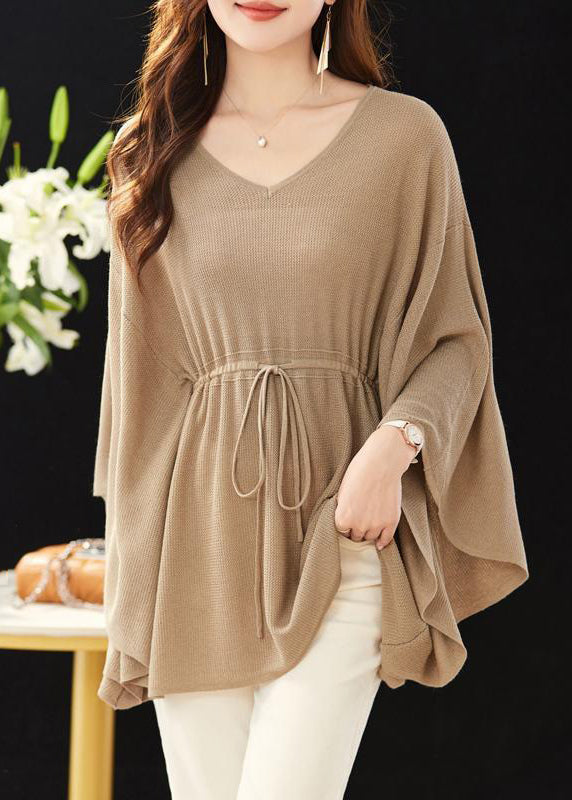Loose Khaki V Neck Tie Waist Knit Top Batwing Sleeve MN094
