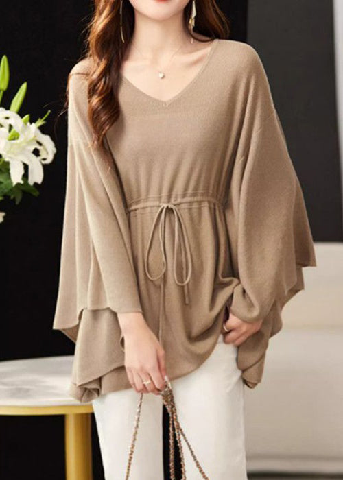 Loose Khaki V Neck Tie Waist Knit Top Batwing Sleeve MN094
