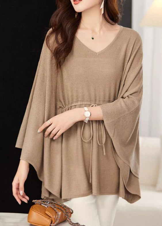 Loose Khaki V Neck Tie Waist Knit Top Batwing Sleeve MN094