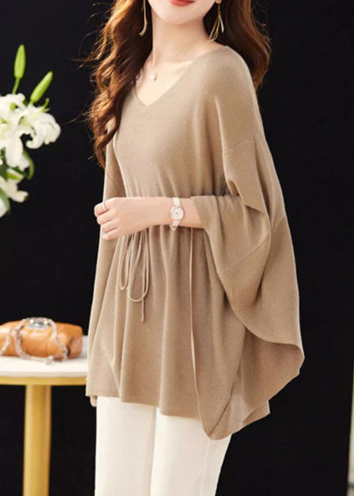 Loose Khaki V Neck Tie Waist Knit Top Batwing Sleeve MN094