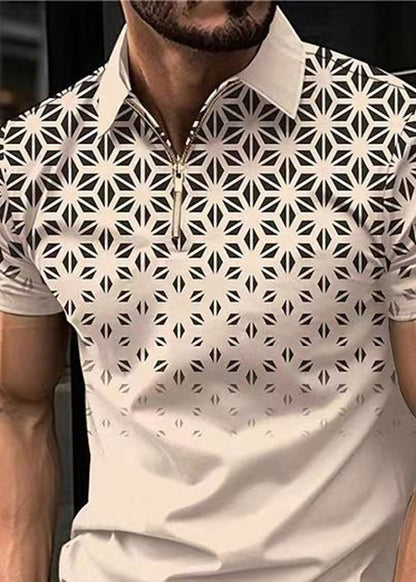 Cotton Up Zip Polo Print Shirts Loose Mens Khaki Summer