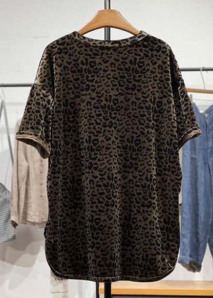 Open Neck Leopard Loose Shirt Velour Side O Silk Summer T
