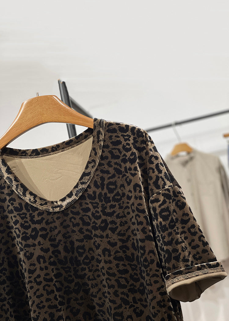 Open Neck Leopard Loose Shirt Velour Side O Silk Summer T
