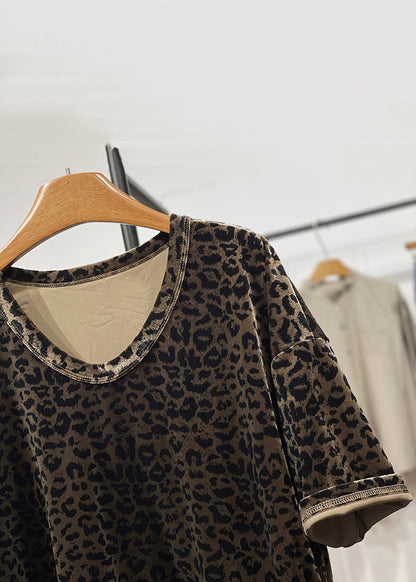 Open Neck Leopard Loose Shirt Velour Side O Silk Summer T