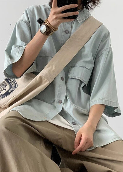 Summer Button Denim Men's Light Shirts Loose Pockets Blue