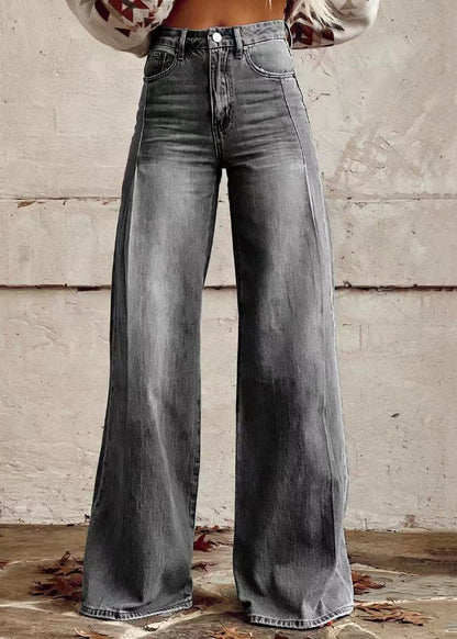 Blue Denim Waist Wide Leg High Loose Pants Light Button Pockets