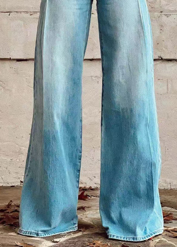 Blue Denim Waist Wide Leg High Loose Pants Light Button Pockets