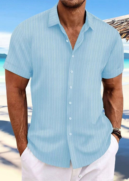 Men Collar Peter Blue Shirt Light Solid Pan Button Cotton Loose