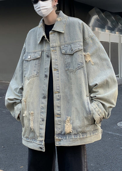 Mens Pan Hole Peter Coats Collar Light Loose Denim Blue Pockets