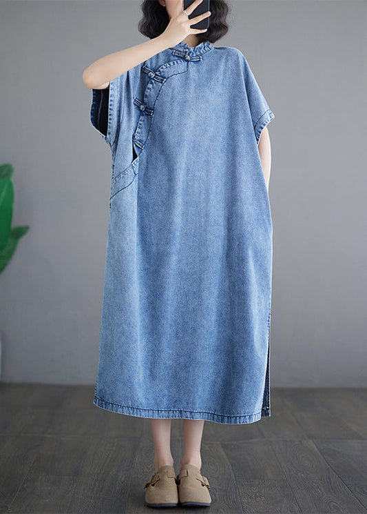 Dresses Denim Sleeve Loose Light Stand Maxi Collar Blue Short