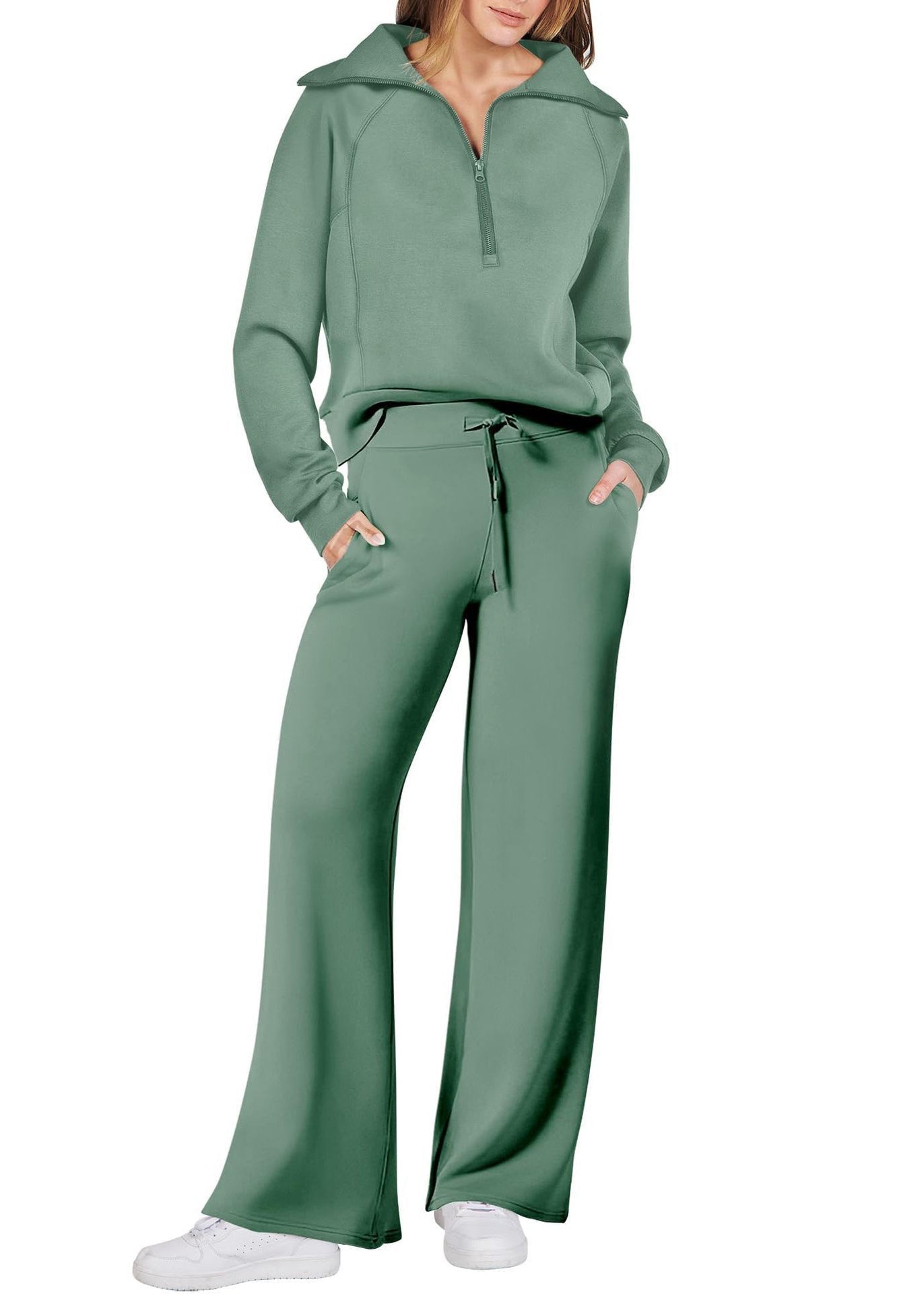 Light Cotton Leg And Zip Tops Loose Wide Two Green Up Solid Pants