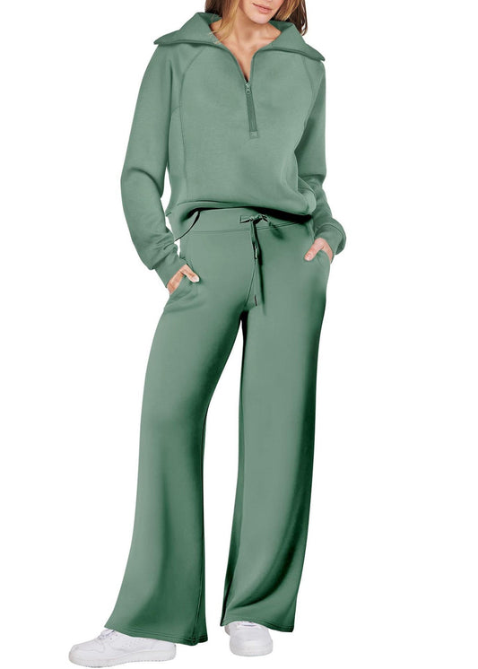 Light Cotton Leg And Zip Tops Loose Wide Two Green Up Solid Pants