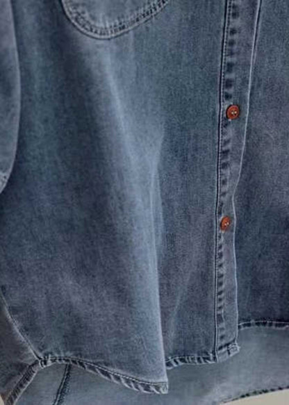 Loose Light Grey Peter Pan Collar Patchwork Low High Design Denim Shirt Summer VB1080