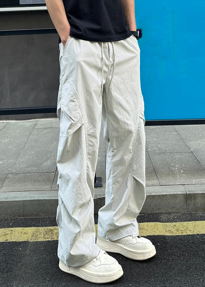 Elastic Men Cotton Light Grey Pockets Waist Loose Pants Summer