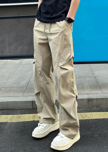 Elastic Men Cotton Light Grey Pockets Waist Loose Pants Summer