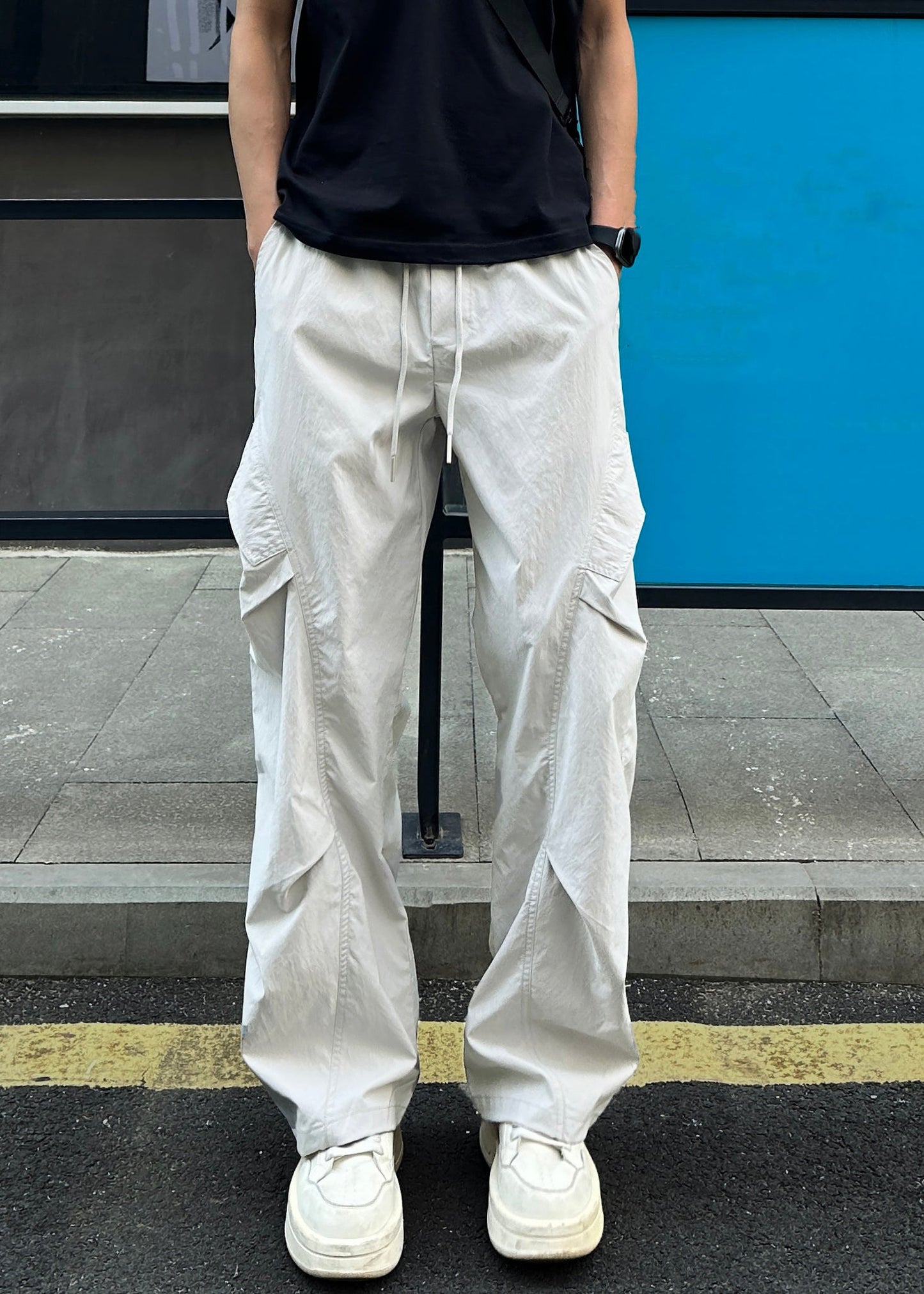 Elastic Men Cotton Light Grey Pockets Waist Loose Pants Summer