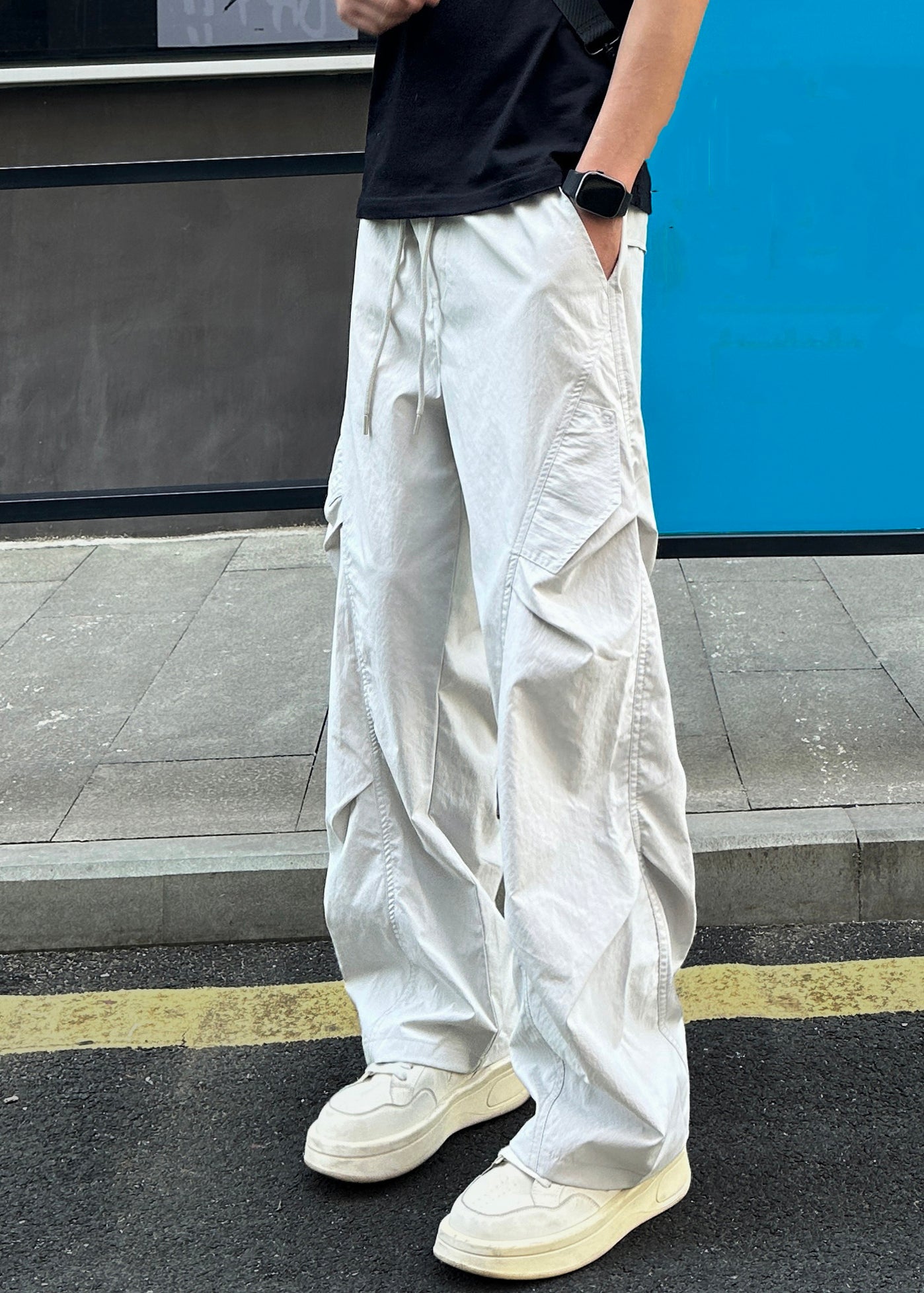 Elastic Men Cotton Light Grey Pockets Waist Loose Pants Summer