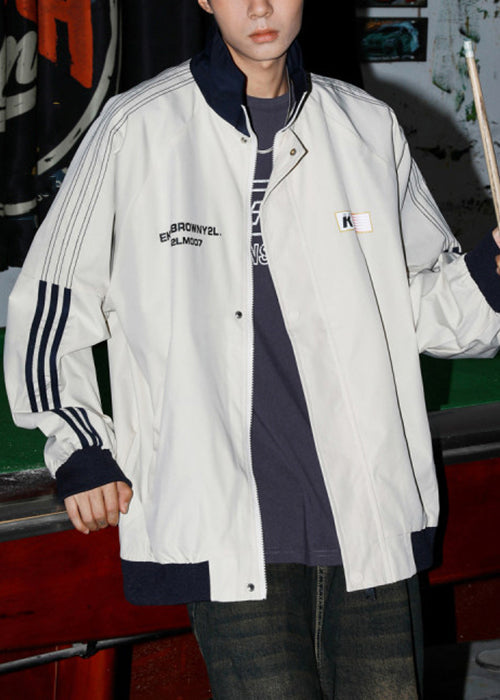 Letter Cotton Men Loose Coat Spring Striped Light Grey