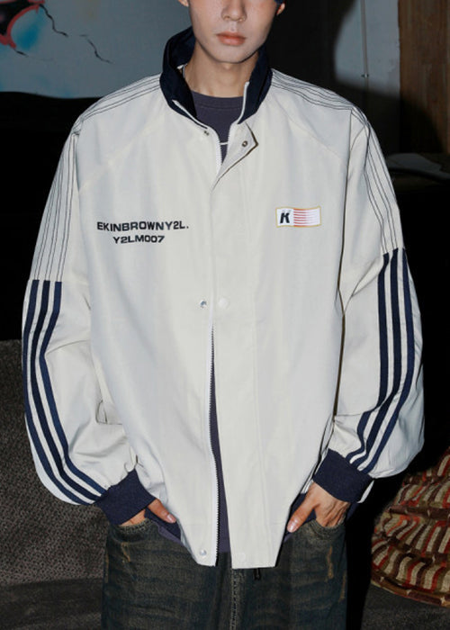 Letter Cotton Men Loose Coat Spring Striped Light Grey