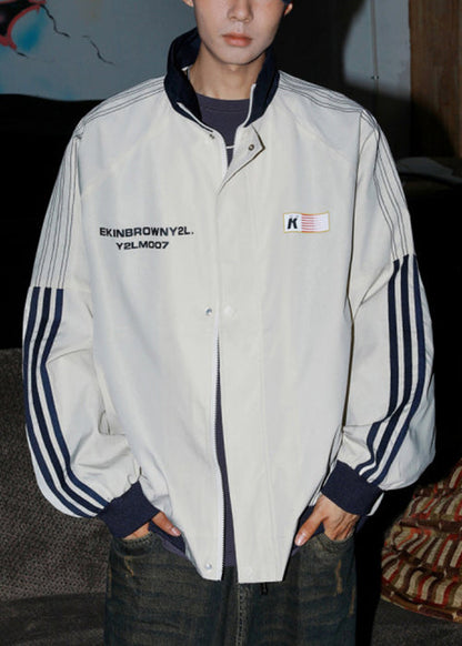 Letter Cotton Men Loose Coat Spring Striped Light Grey