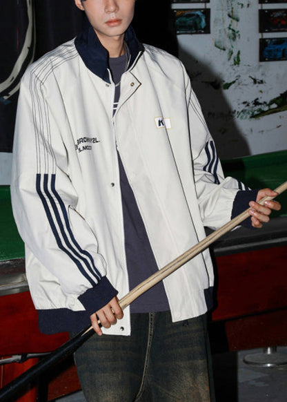 Letter Cotton Men Loose Coat Spring Striped Light Grey