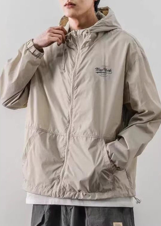 Light Drawstring Hooded Loose Ice Coats Silk Khaki Print Mens