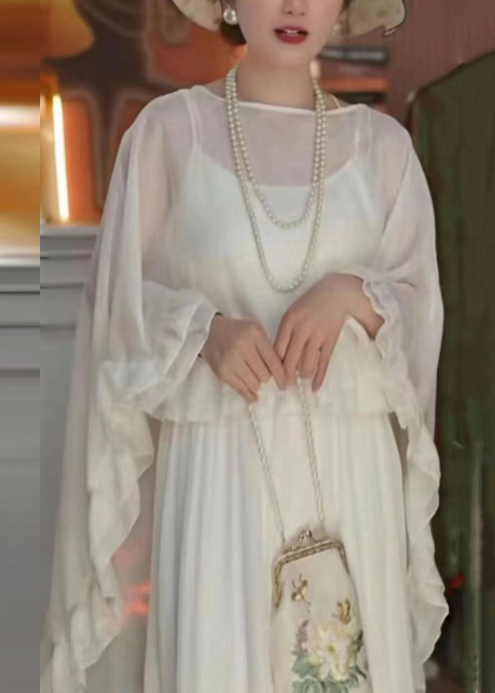 Loose Mulberry O-Neck Ruffled Patchwork Chiffon Cape Long Sleeve TR001