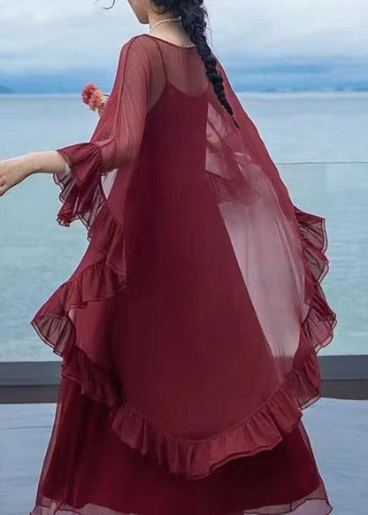 Loose Mulberry O-Neck Ruffled Patchwork Chiffon Cape Long Sleeve TR001