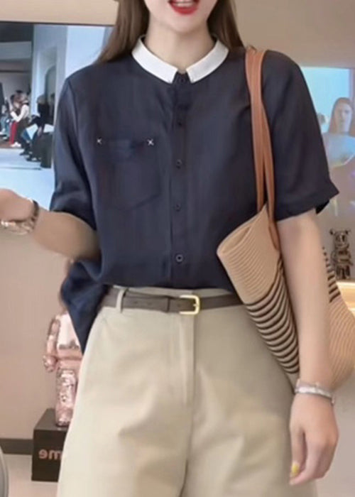 Summer Cotton Shirts Navy Pockets Loose Button