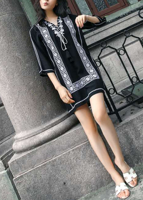 Dress Mid Cotton Sleeve Lace Embroidered Navy Loose Bracelet Up